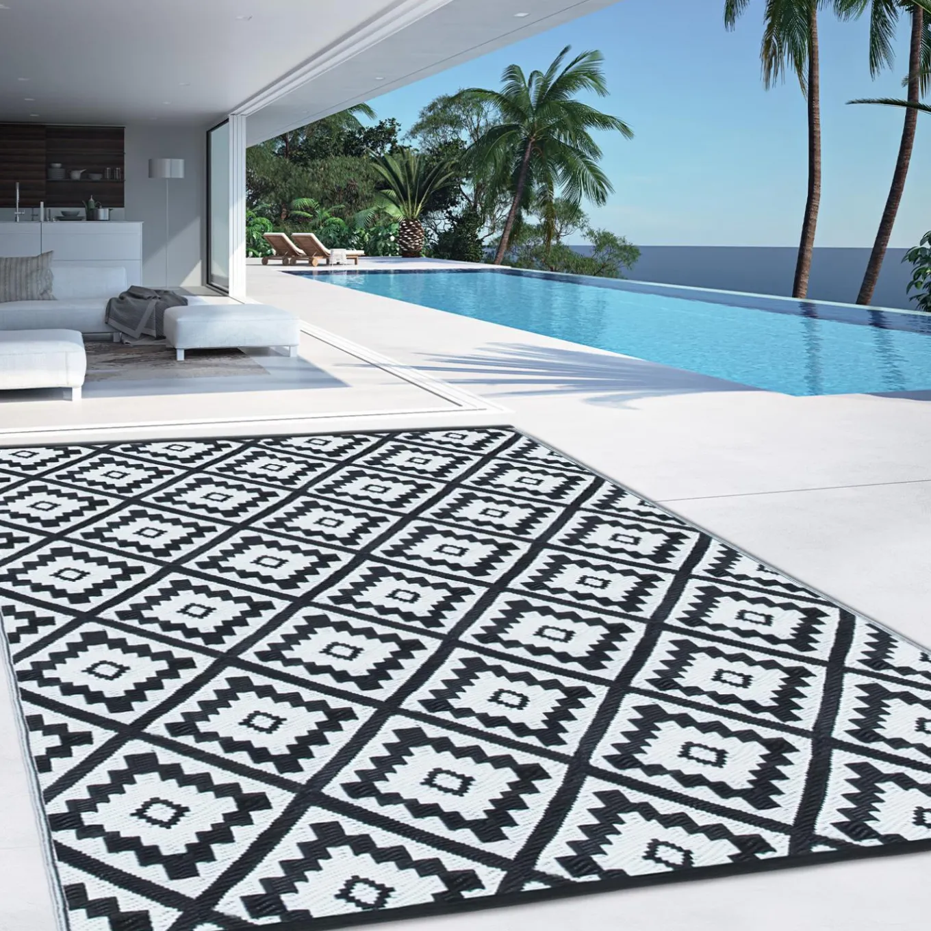 IDMarket Tapis extérieur terrasse motifs géométriques noir et blanc 270 x 370 cm* Revêtement Sol Extérieur