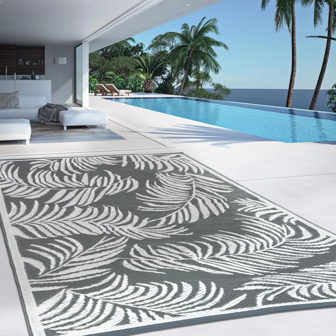 IDMarket Tapis extérieur terrasse motif tropical gris et blanc 160 x 260 cm* Revêtement Sol Extérieur