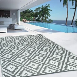IDMarket Tapis extérieur terrasse motifs géométriques gris et blanc 160 x 260 cm* Revêtement Sol Extérieur
