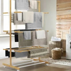 IDMarket Étendoir à linge 3 niveaux en bambou* Séchoirs À Linge