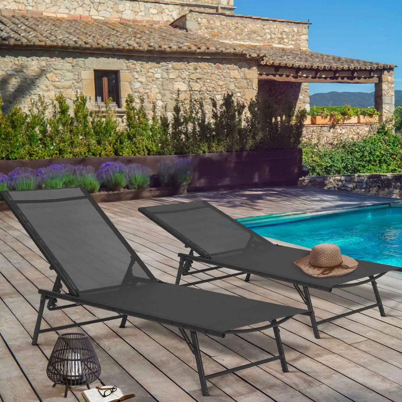 IDMarket Transats de jardin acier gris anthracite et toile grise - lot de 2* Bains De Soleil|Fauteuils De Jardin