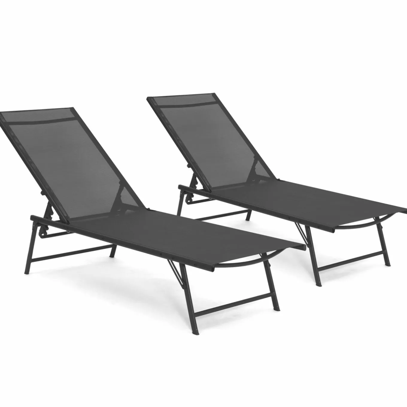 IDMarket Transats de jardin acier gris anthracite et toile grise - lot de 2* Bains De Soleil|Fauteuils De Jardin