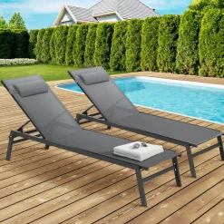 IDMarket Transats de jardin aluminium gris et noir : lot de 2* Bains De Soleil|Fauteuils De Jardin