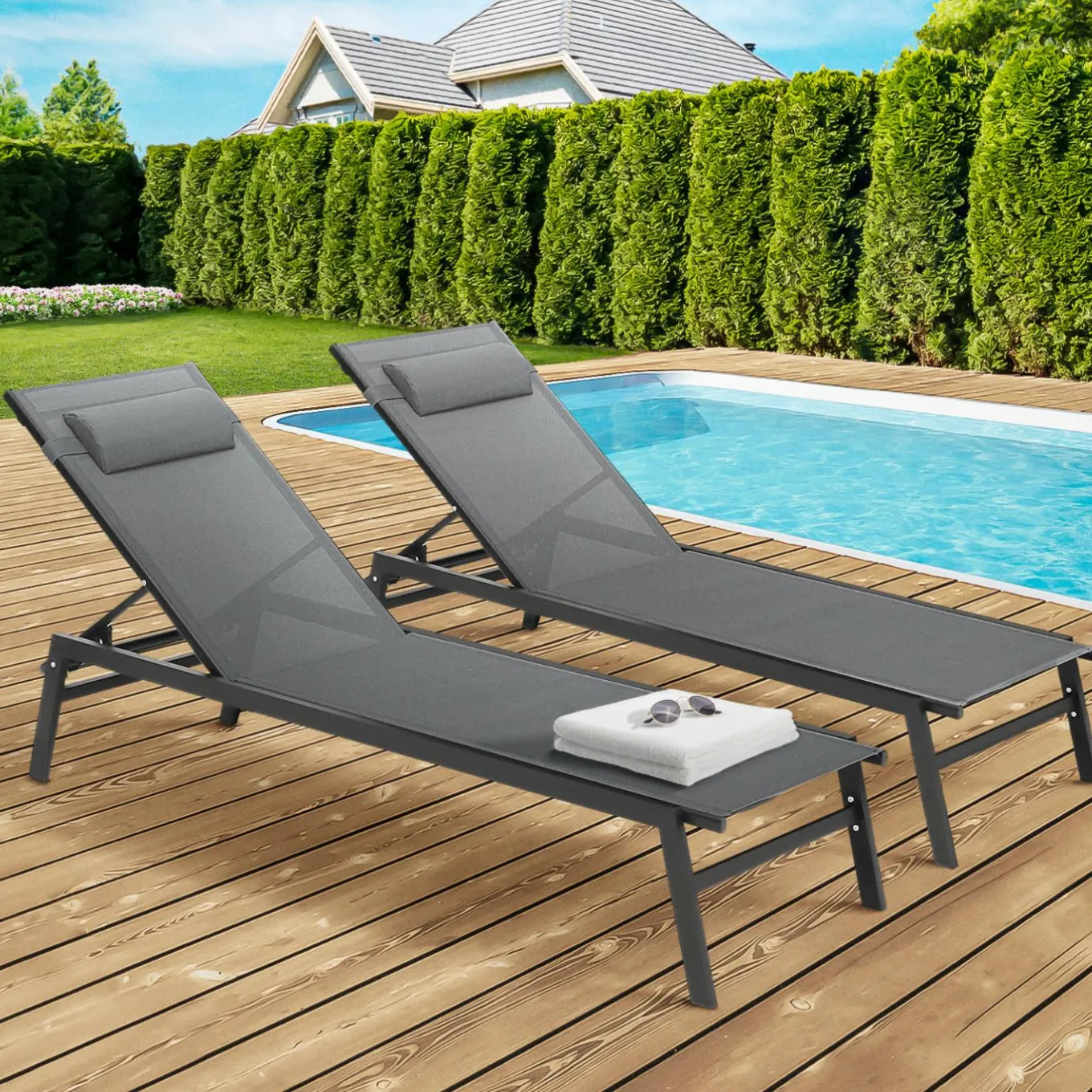 IDMarket Transats de jardin aluminium gris et noir : lot de 2* Bains De Soleil|Fauteuils De Jardin
