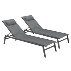 IDMarket Transats de jardin aluminium gris et noir : lot de 2* Bains De Soleil|Fauteuils De Jardin