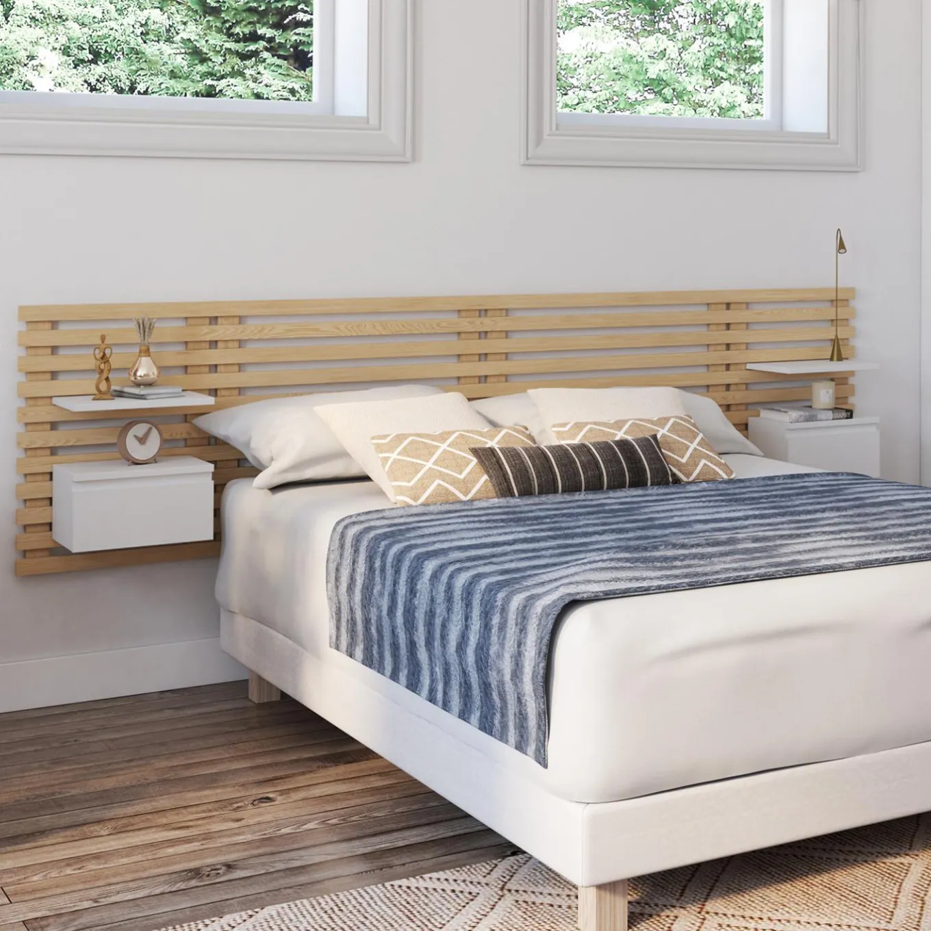 IDMarket Tête de lit 240 cm en lattes de bois avec chevets et étagères blanches* Têtes De Lit|Chambre Complète Adulte