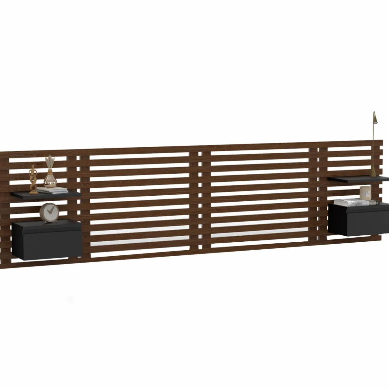 IDMarket Tête de lit 240 cm en lattes façon bois vieilli avec chevets et étagères noires* Têtes De Lit|Chambre Complète Adulte
