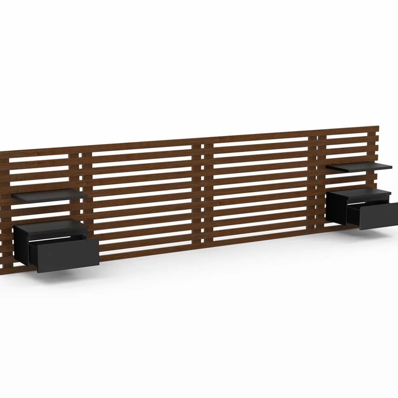 IDMarket Tête de lit 240 cm en lattes façon bois vieilli avec chevets et étagères noires* Têtes De Lit|Chambre Complète Adulte