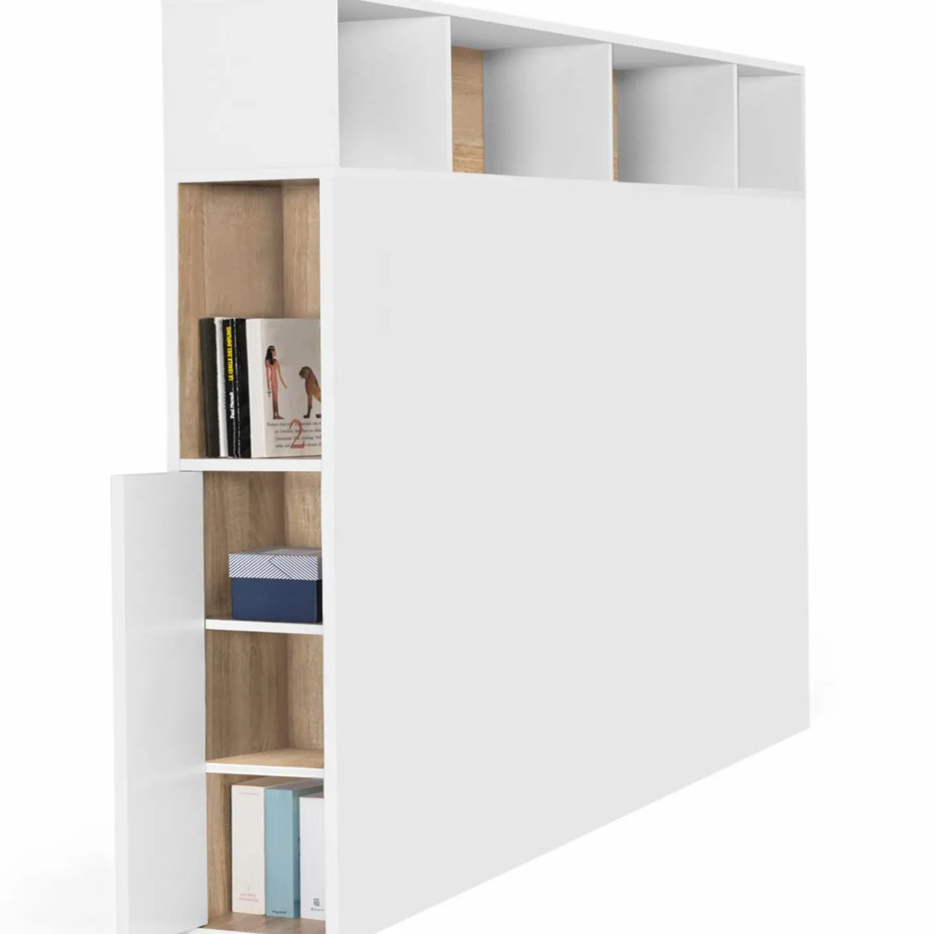 IDMarket Tête de lit avec rangement intégré 165 cm blanc et bois façon hêtre* Meubles Blancs|Collection Moderne