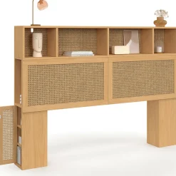 IDMarket Tête de lit avec rangements fermés et niches cannage et bois 145cm* Collection Cannage|Collection Moderne