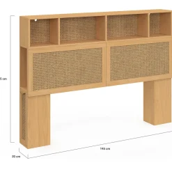 IDMarket Tête de lit avec rangements fermés et niches cannage et bois 145cm* Collection Cannage|Collection Moderne