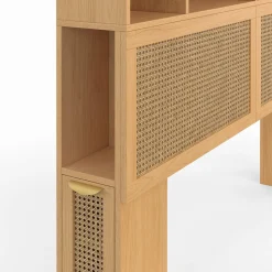 IDMarket Tête de lit avec rangements fermés et niches cannage et bois 145cm* Collection Cannage|Collection Moderne