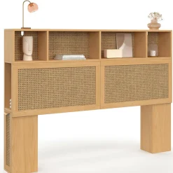 IDMarket Tête de lit avec rangements fermés et niches cannage et bois 145cm* Collection Cannage|Collection Moderne