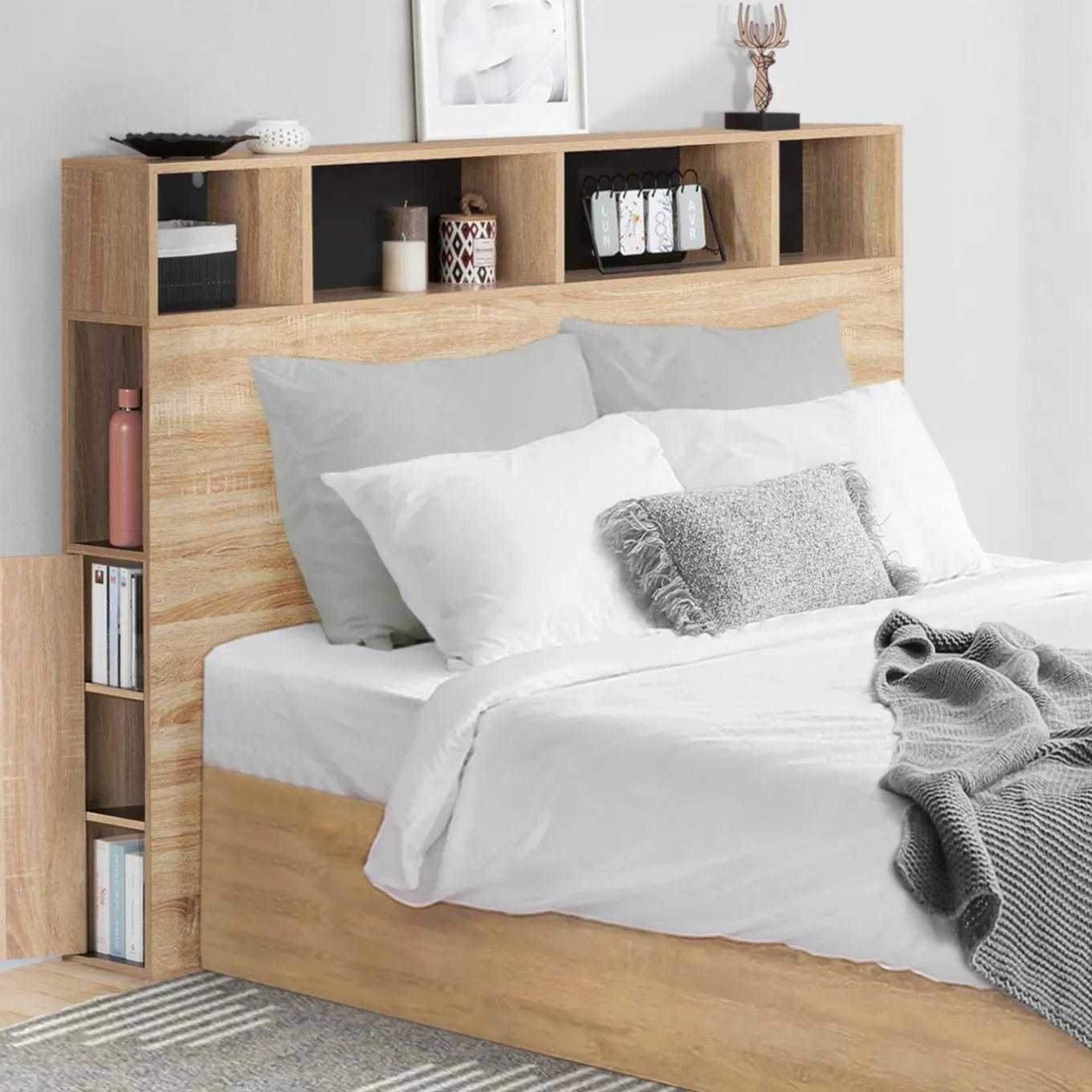 IDMarket Tête de lit avec rangement intégré bois façon hêtre et noir 165 cm* Collection Moderne|Chambre Complète Adulte