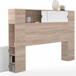 IDMarket Tête de lit bois et blanc 145 cm avec rangements fermés et niches* Meubles Blancs|Meubles En Bois