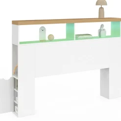 IDMarket Tête de lit sur pied à LED avec plateau bois 145 cm rangements et niches blanches* Collection Design|Collection Moderne
