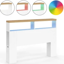 IDMarket Tête de lit sur pied à LED avec plateau bois 145 cm rangements et niches blanches* Collection Design|Collection Moderne