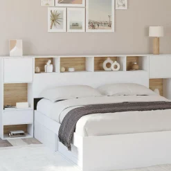 IDMarket Tête de lit sur pied blanc et bois* Collection Moderne|Chambre Complète Adulte