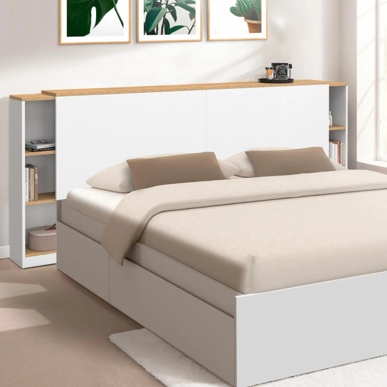 IDMarket Tête de lit sur pied extensible blanc et façon bois avec chevets* Têtes De Lit|Chambre Complète Adulte
