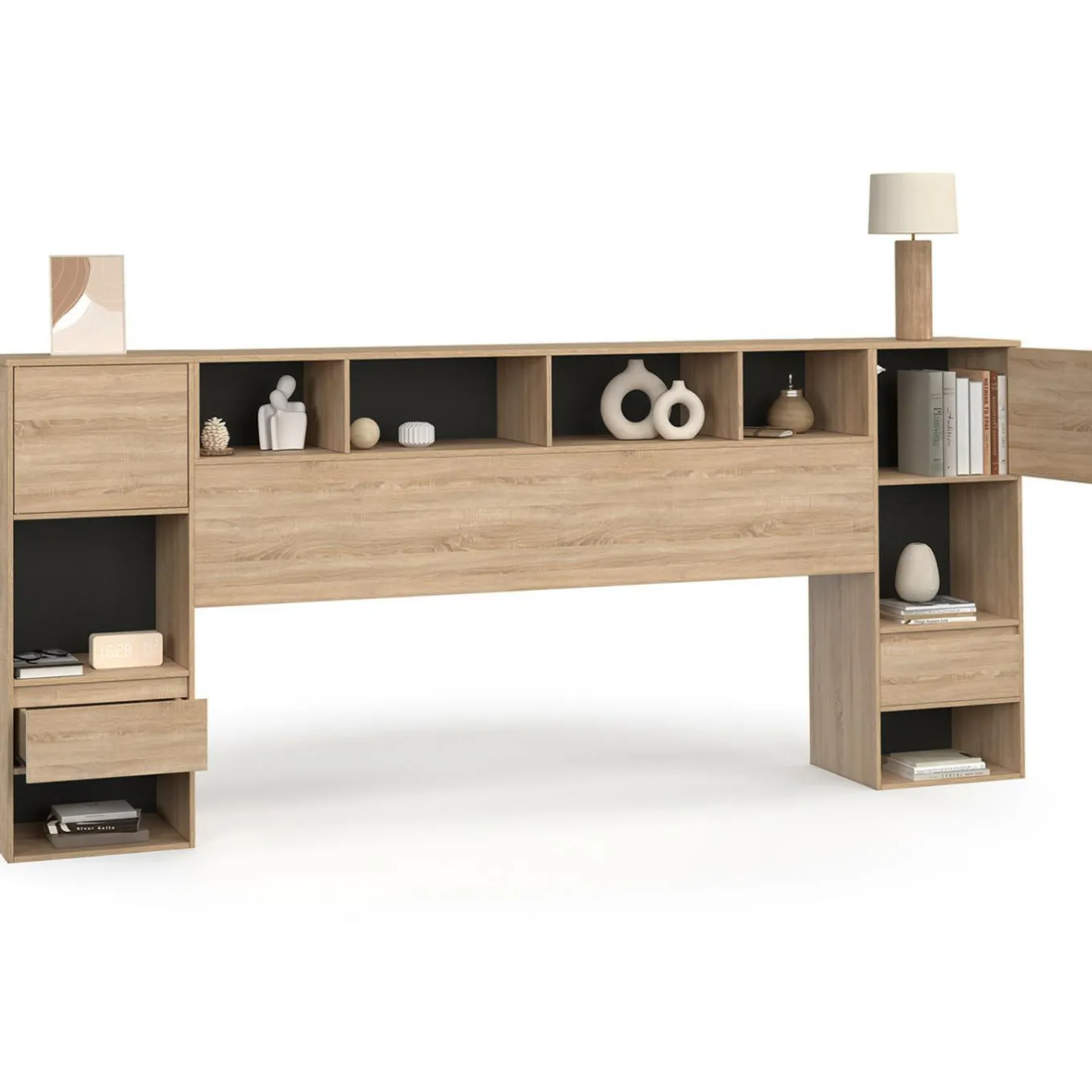 IDMarket Tête de lit sur pied noir et bois* Collection Moderne|Chambre Complète Adulte