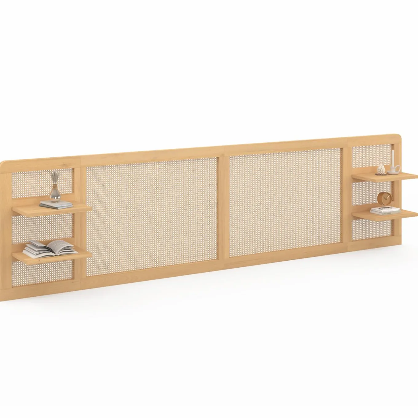 IDMarket Tête de lit suspendue 240 cm cannage et bois avec étagères* Collection Cannage|Têtes De Lit