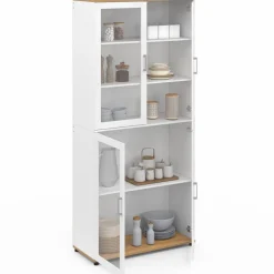 IDMarket Vaisselier buffet haut 176 cm avec 4 portes vitrées blanc et bois* Vaisseliers|Buffets