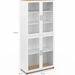 IDMarket Vaisselier buffet haut 176 cm avec 4 portes vitrées blanc et bois* Vaisseliers|Buffets