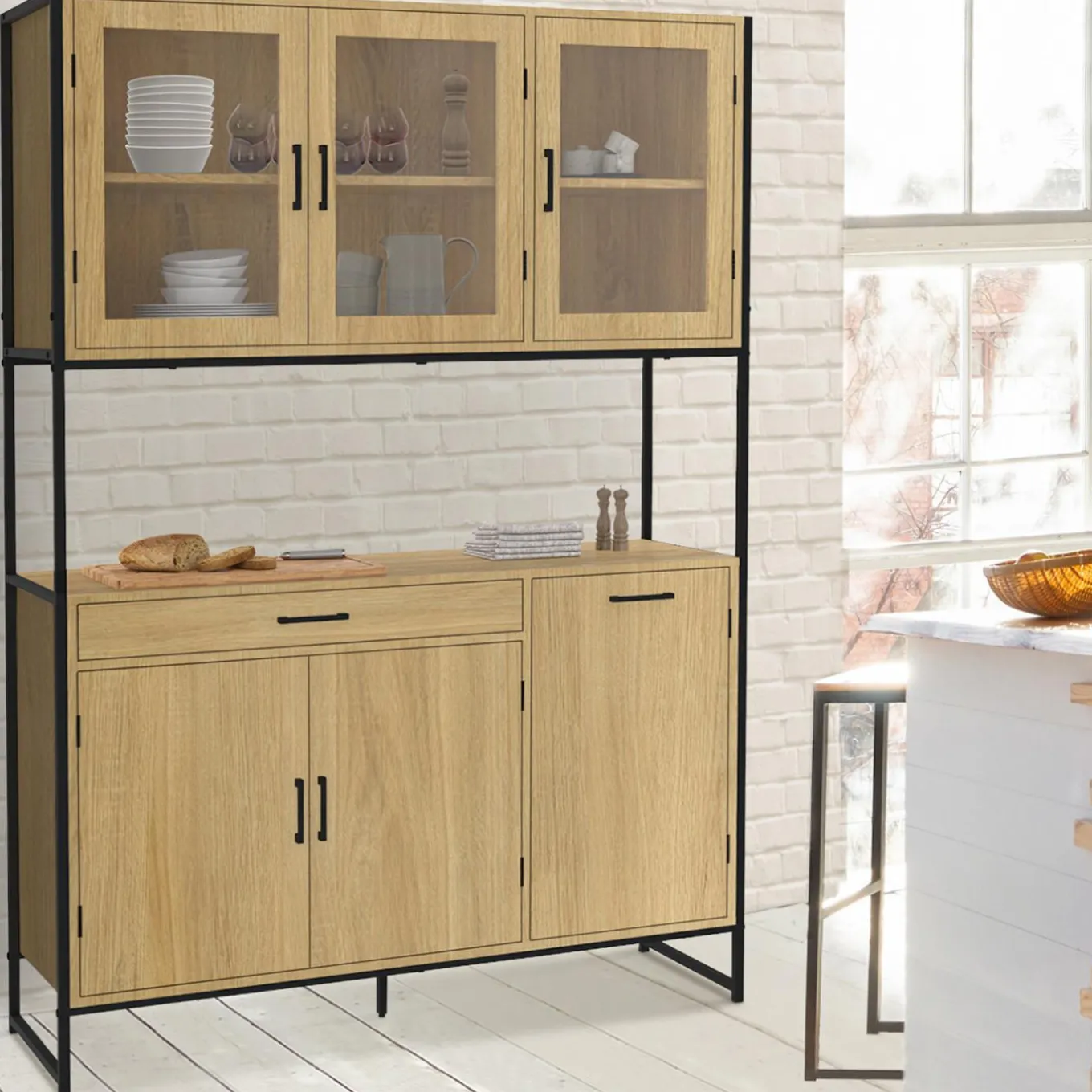 IDMarket Vaisselier industriel 6 portes buffet de cuisine vitré 120 cm* Meubles Tiroirs|Meubles Hauts