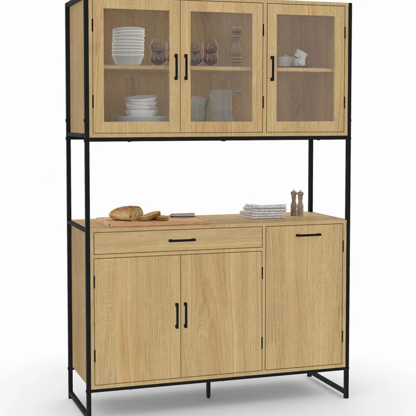 IDMarket Vaisselier industriel 6 portes buffet de cuisine vitré 120 cm* Meubles Tiroirs|Meubles Hauts
