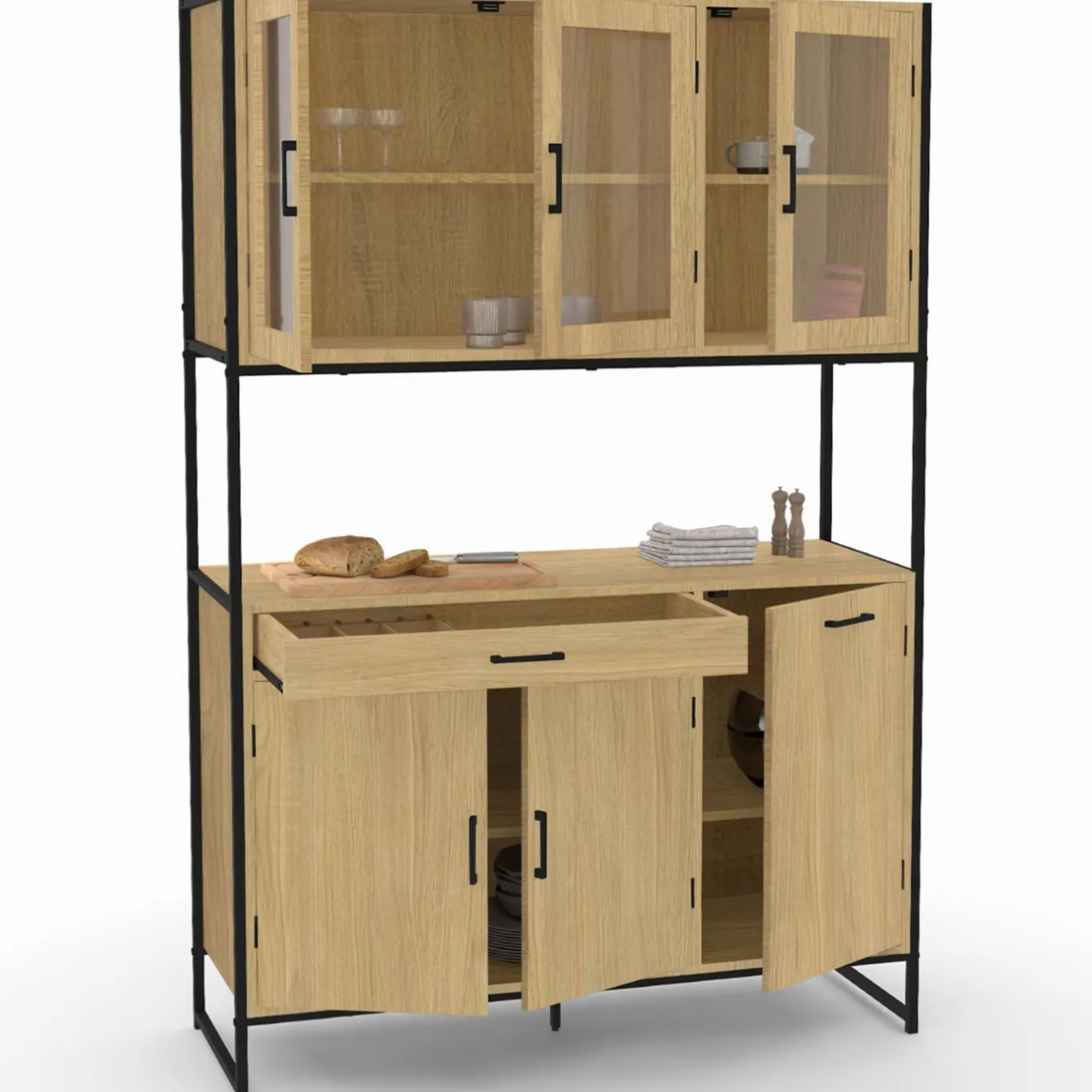 IDMarket Vaisselier industriel 6 portes buffet de cuisine vitré 120 cm* Meubles Tiroirs|Meubles Hauts