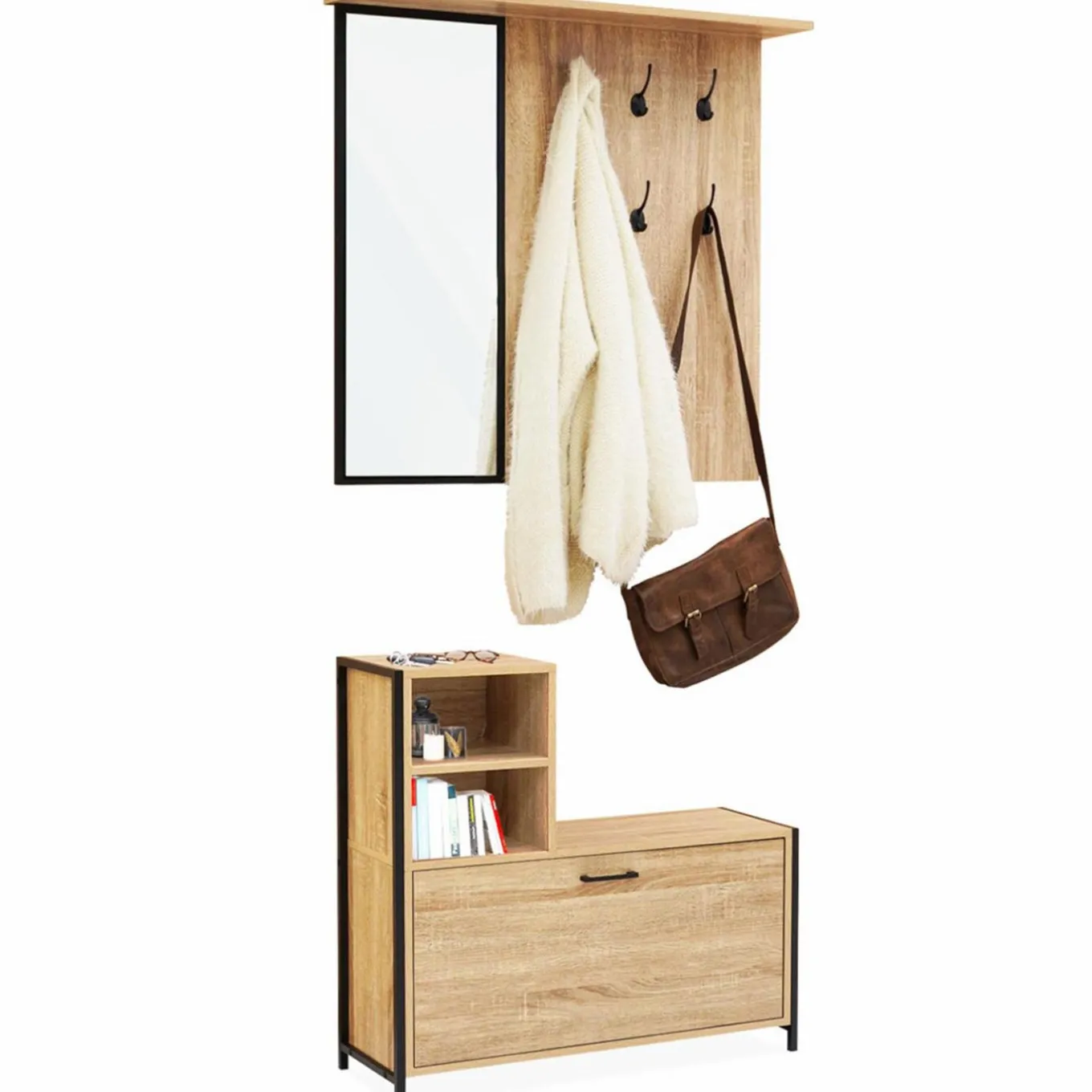 IDMarket Vestiaire d’entrée avec miroir et range-chaussures style industriel* Vestiaires Et Meubles D'Entrée