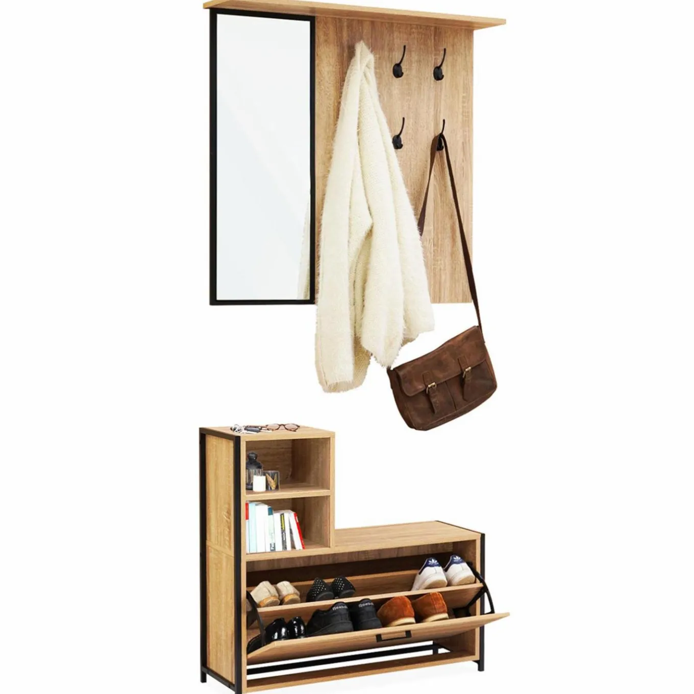 IDMarket Vestiaire d’entrée avec miroir et range-chaussures style industriel* Vestiaires Et Meubles D'Entrée