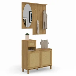 IDMarket Vestiaire d'entrée avec miroir, placard à chaussure et rangements en bois effet naturel cannage* Meubles Hauts|Collection Cannage