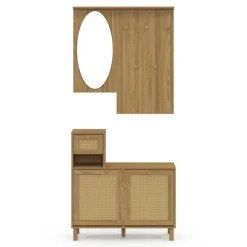 IDMarket Vestiaire d'entrée avec miroir, placard à chaussure et rangements en bois effet naturel cannage* Meubles Hauts|Collection Cannage