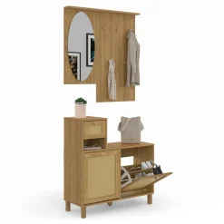 IDMarket Vestiaire d'entrée avec miroir, placard à chaussure et rangements en bois effet naturel cannage* Meubles Hauts|Collection Cannage