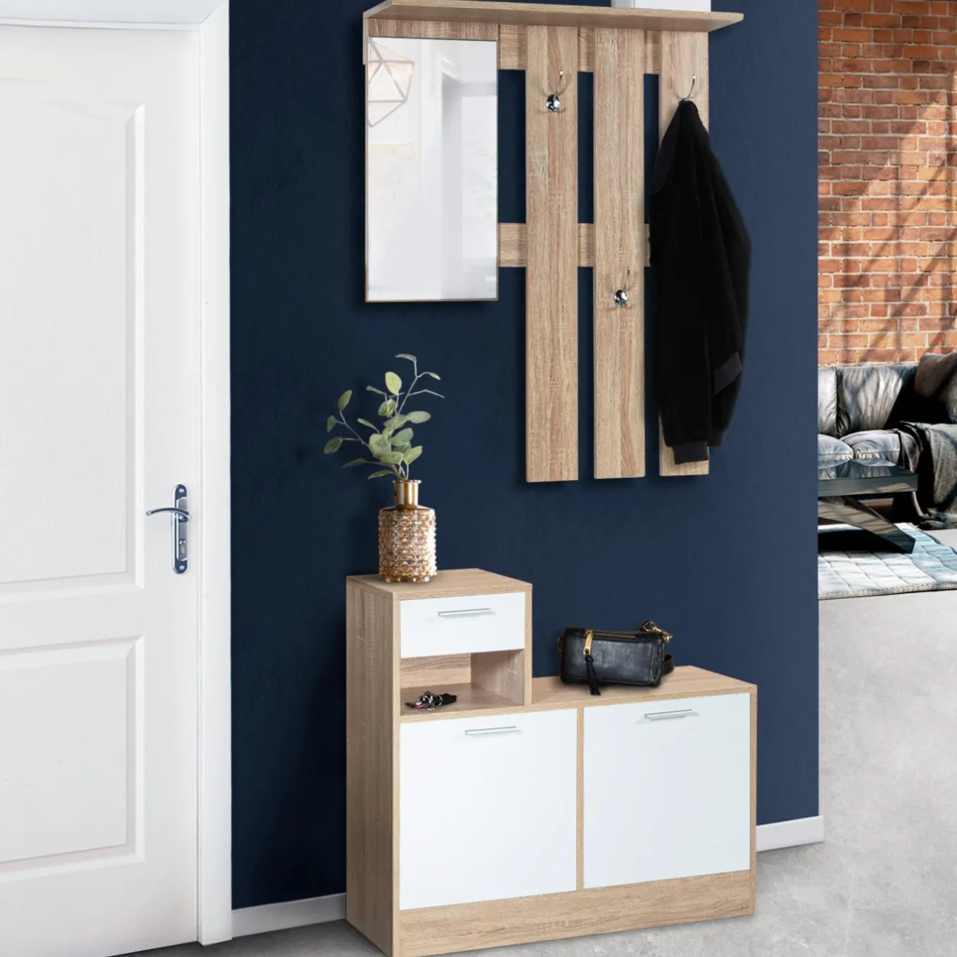 IDMarket Vestiaire d’entrée avec miroir, porte-manteaux et range-chaussures en lot* Meubles Hauts|Collection Design