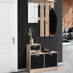 IDMarket Vestiaire d'entrée avec miroir, porte-manteaux et range-chaussures* Meubles Hauts|Collection Design