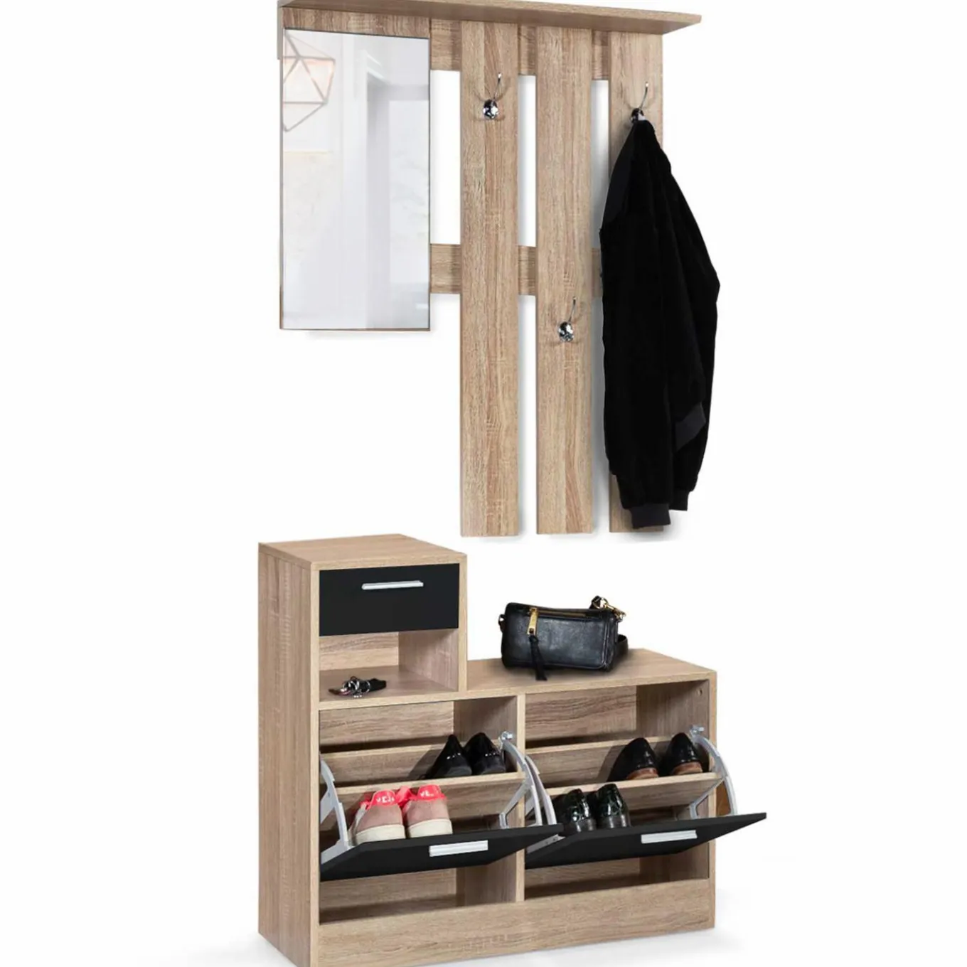 IDMarket Vestiaire d'entrée avec miroir, porte-manteaux et range-chaussures* Meubles Hauts|Collection Design