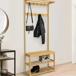 IDMarket Vestiaire d’entrée en bambou avec portant à vêtements et chaussures* Meubles Hauts|Collection Bambou
